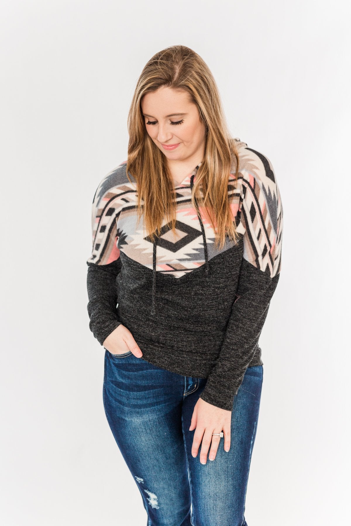 Ready For A Good Time Aztec Hoodie- Heathered Black