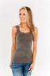 Sweet & Simple Lace Trimmed Tank Top- Dark Taupe
