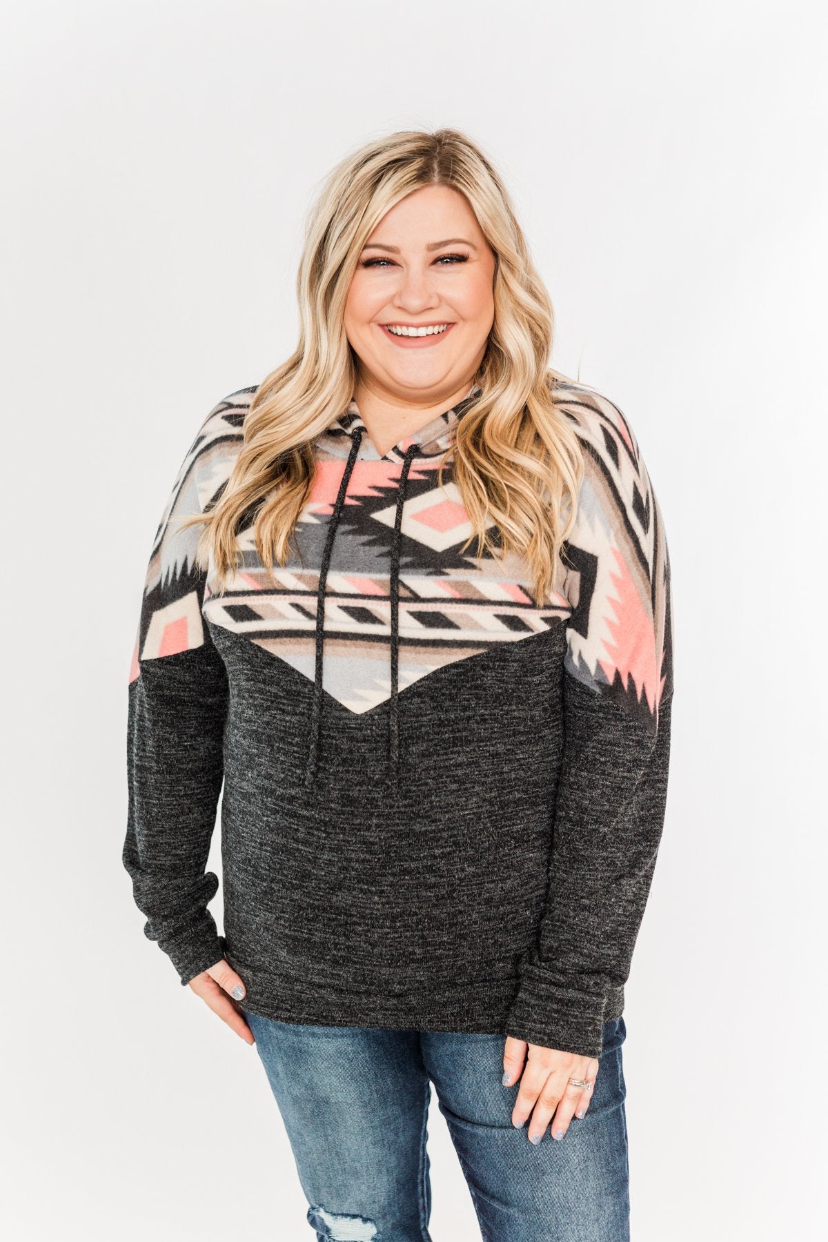 Ready For A Good Time Aztec Hoodie- Heathered Black