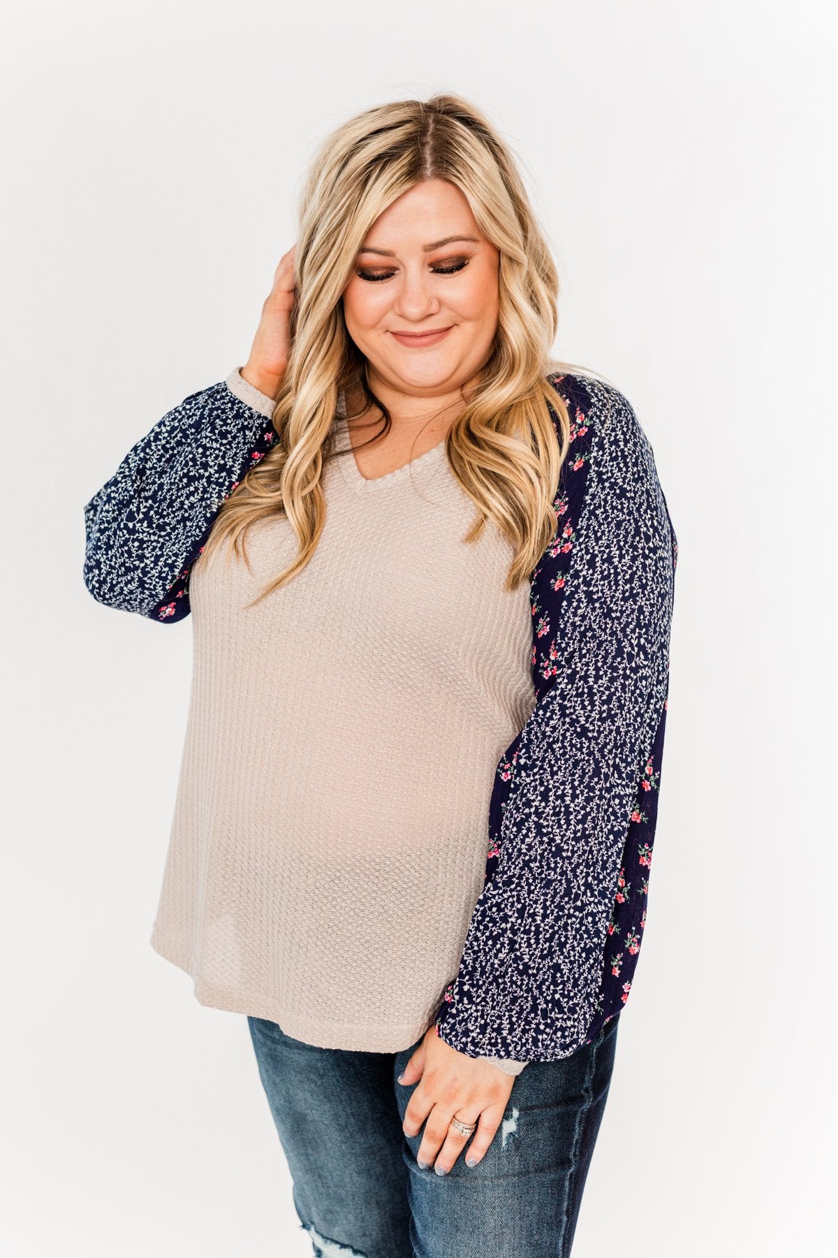 Lovely Little Thing Long Sleeve Top- Taupe and Navy