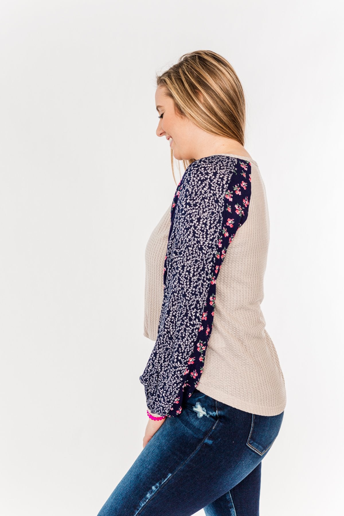 Lovely Little Thing Long Sleeve Top- Taupe and Navy
