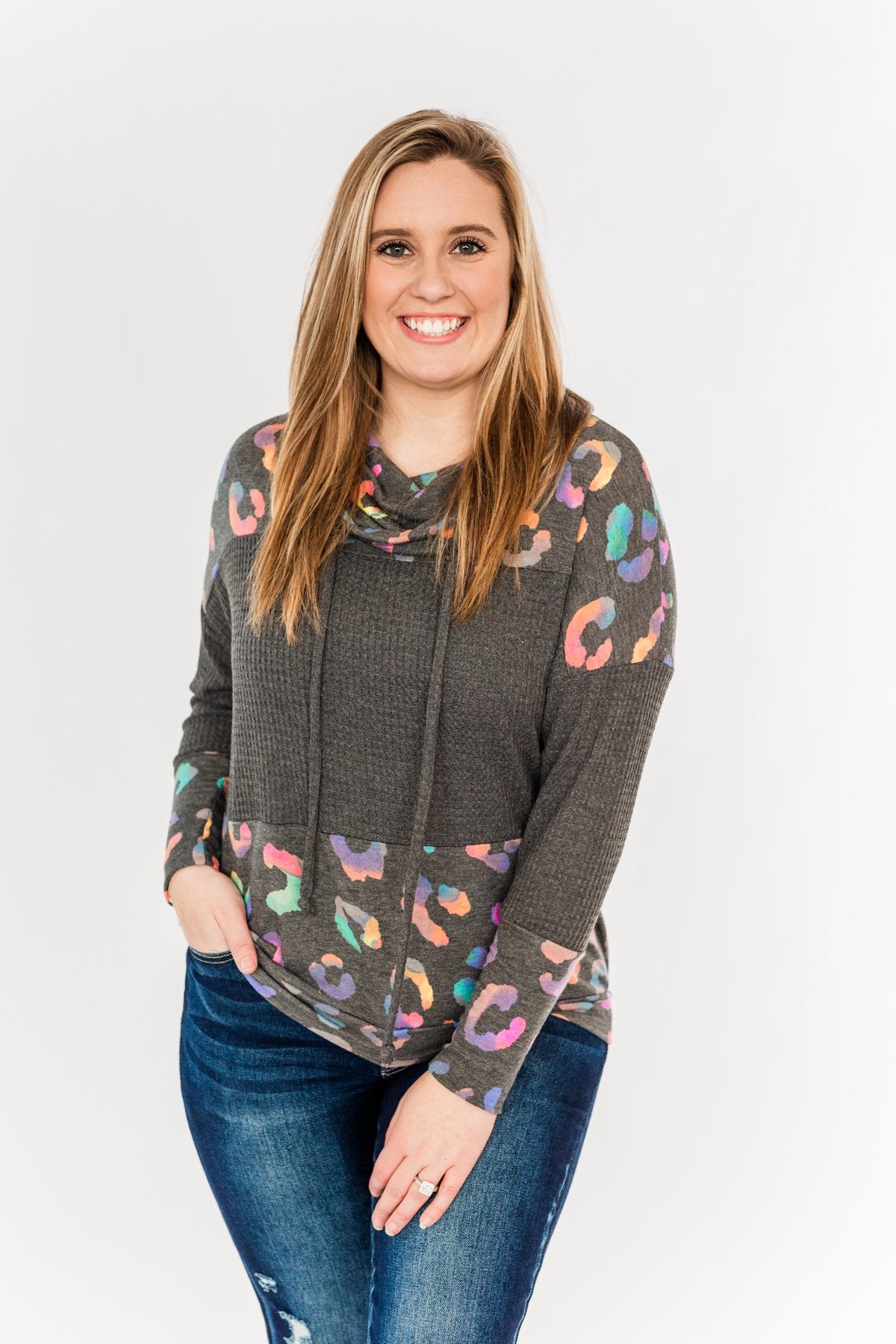 Crazy About Color Cowl Neck Top- Charcoal & Multi-Color