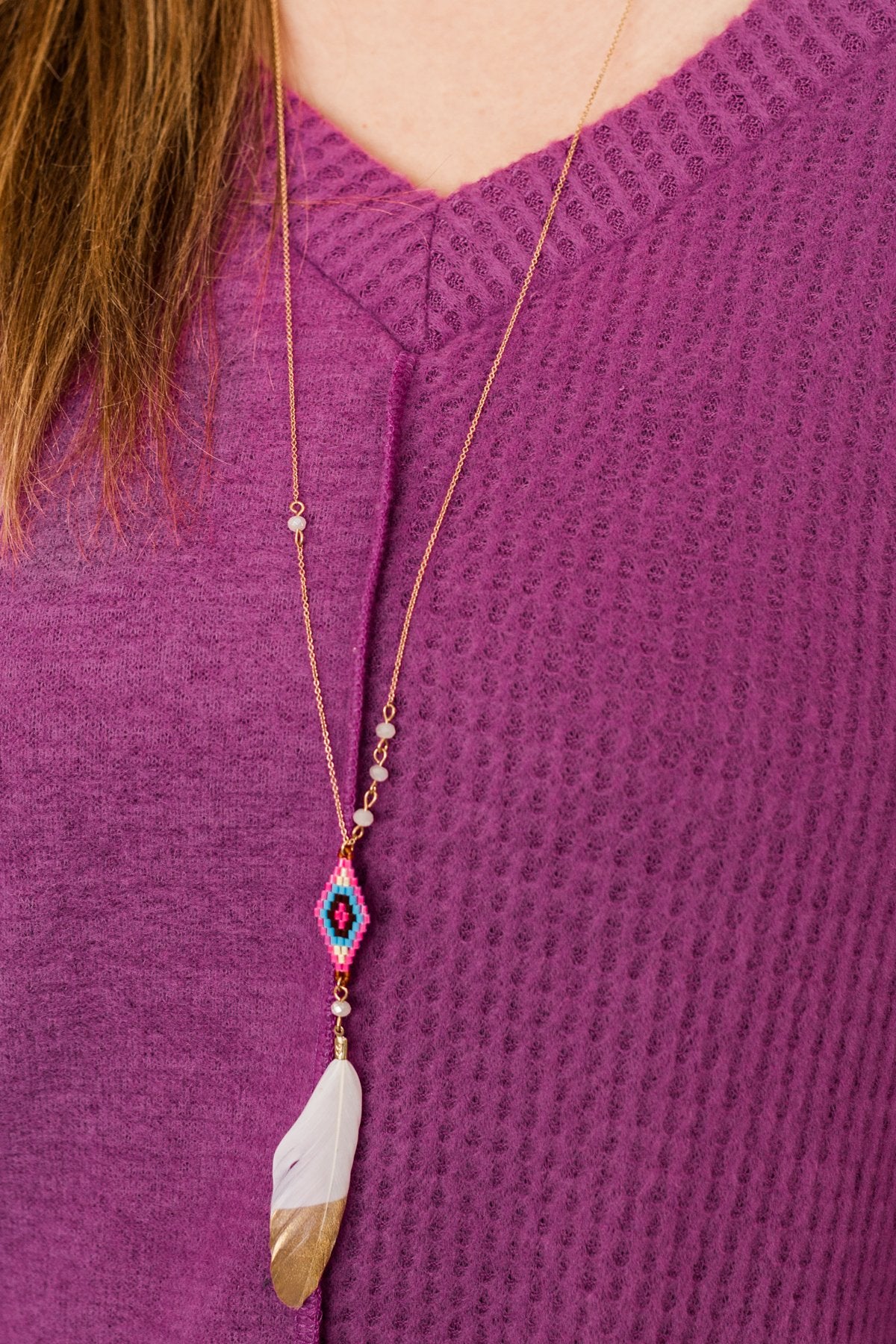 Beautifully Me Feather Pendant Necklace- Pink & Ivory
