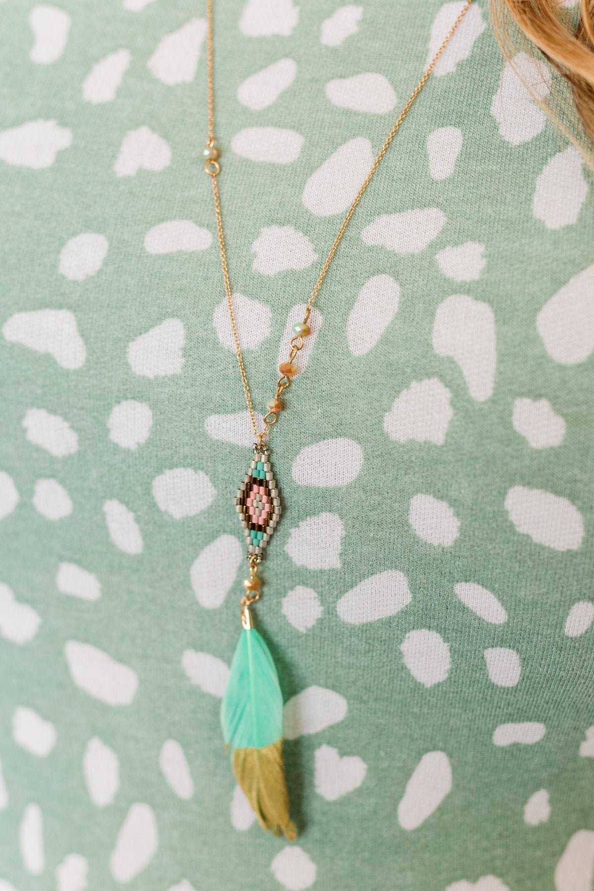 Beautifully Me Feather Pendant Necklace- Mint Blue & Gold