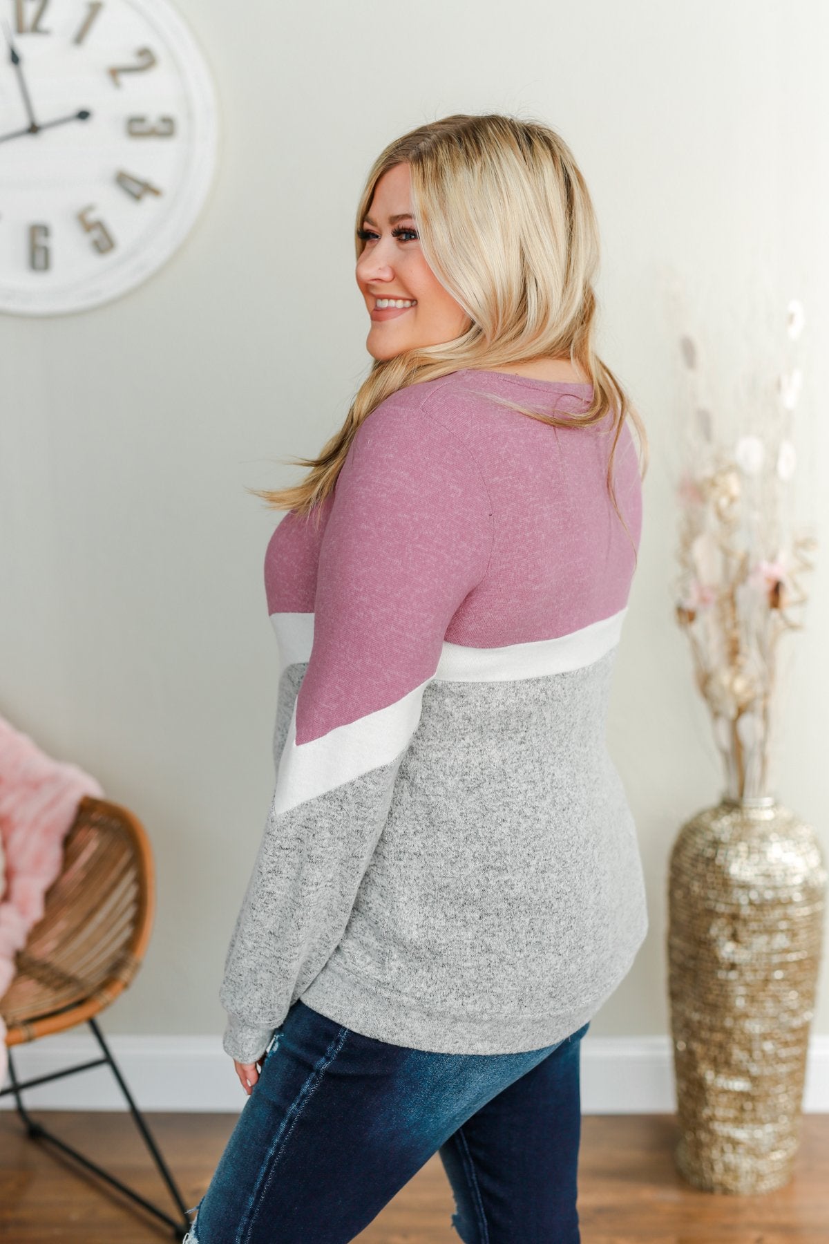 Let Me Shine Color Block Top- Purple, Ivory & Heather Grey