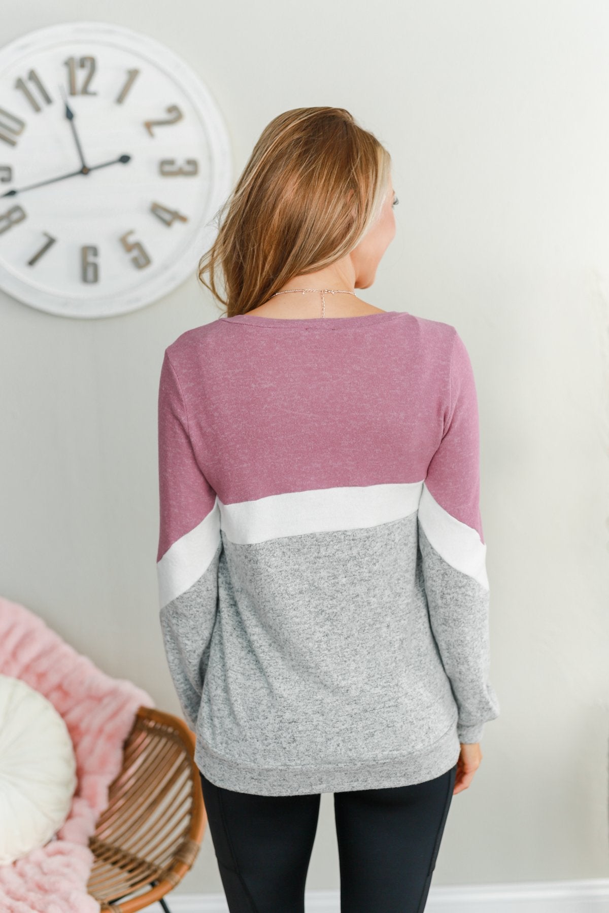 Let Me Shine Color Block Top- Purple, Ivory & Heather Grey