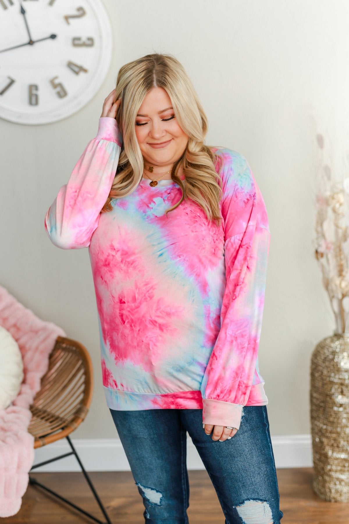 Nice To Notice Long Sleeve Top- Fuchsia, Peach, Sky Blue