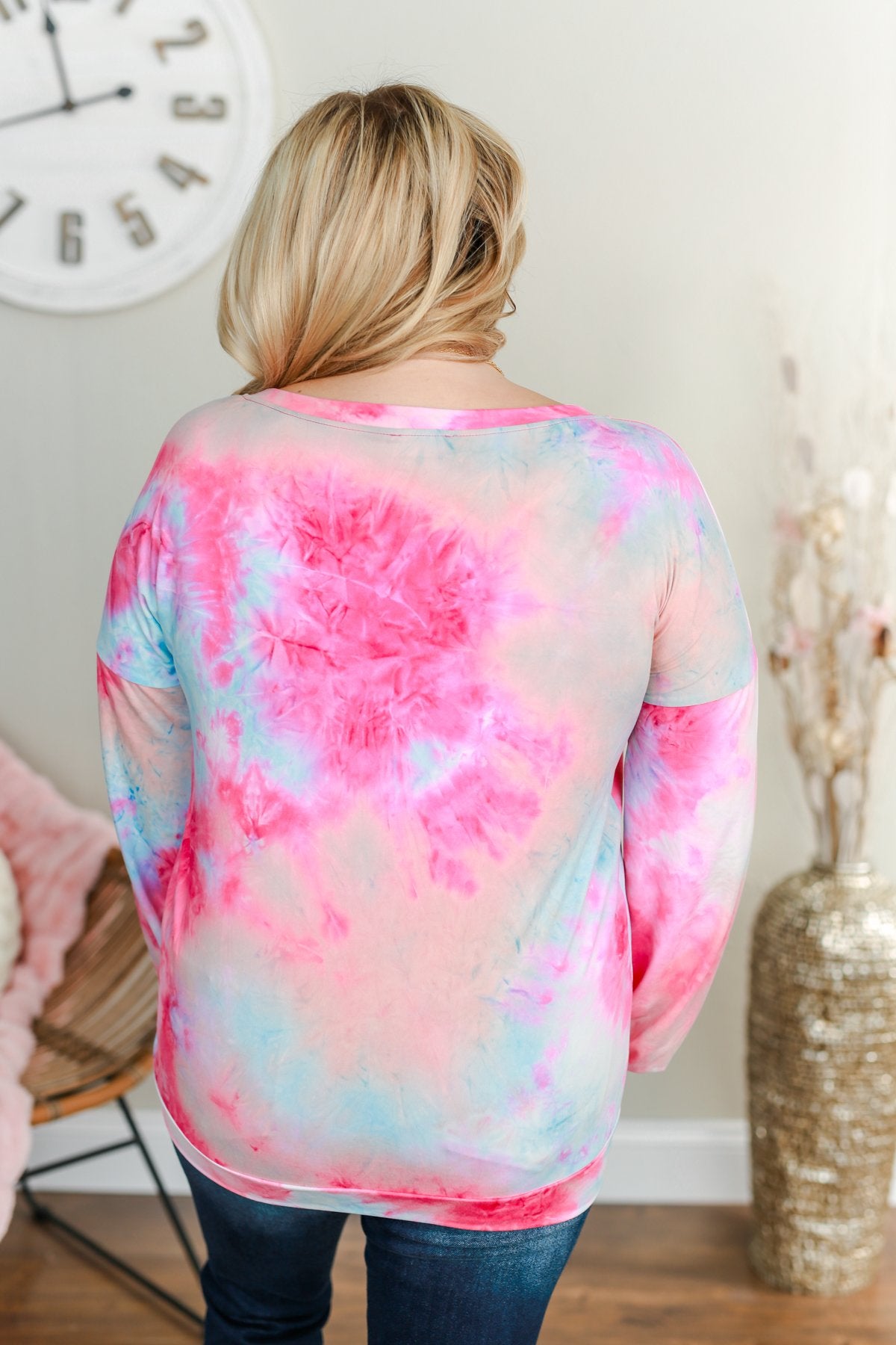 Nice To Notice Long Sleeve Top- Fuchsia, Peach, Sky Blue