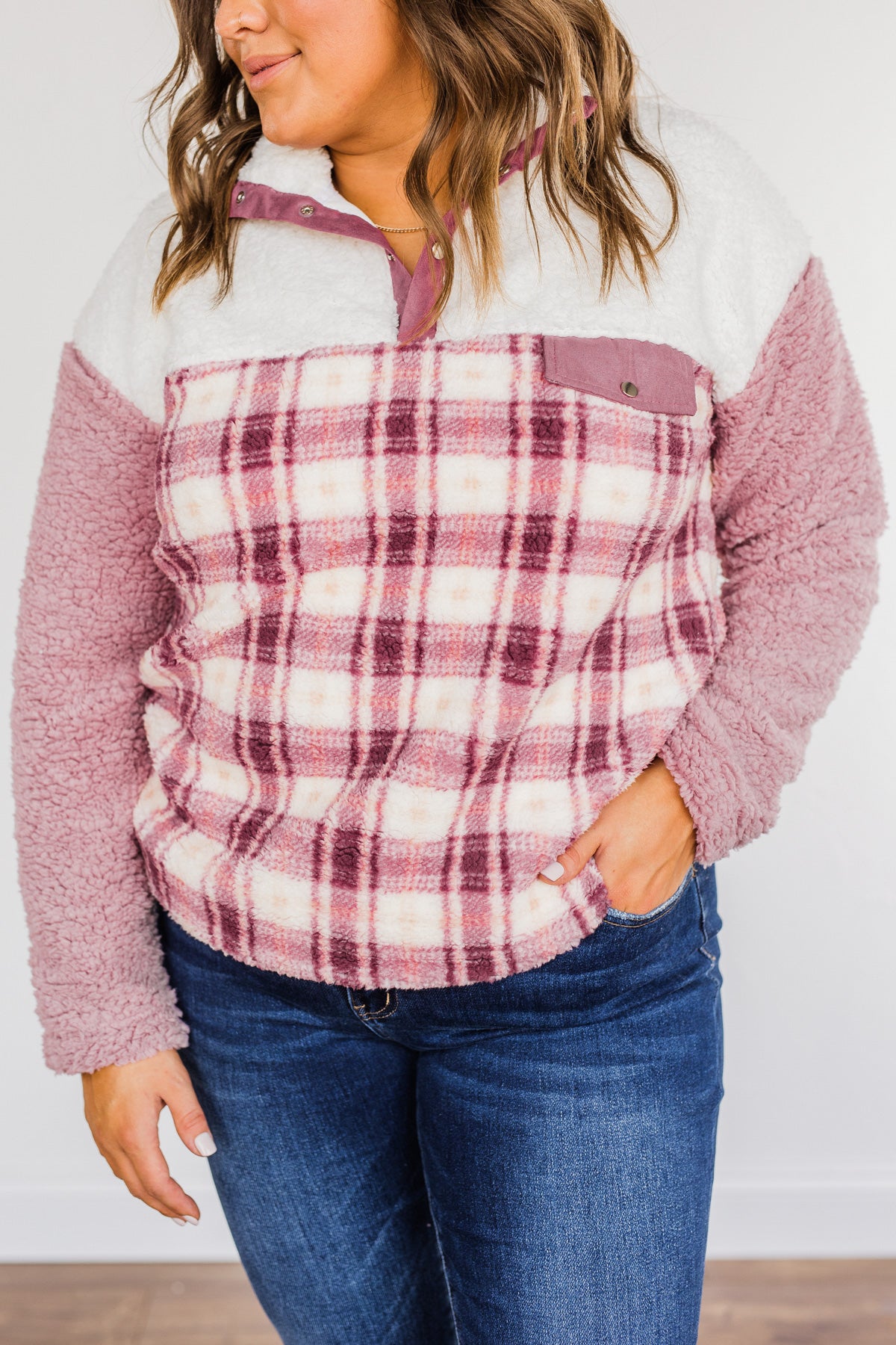 Happy Life Sherpa Pullover- Pink & Ivory