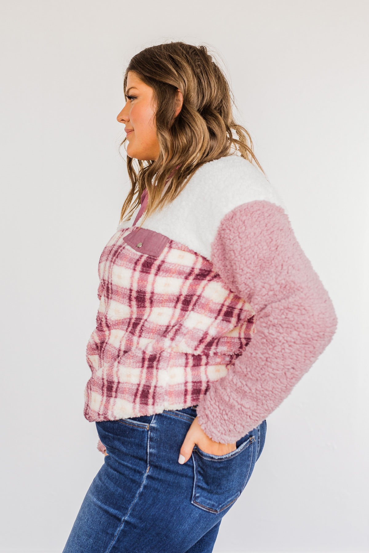 Happy Life Sherpa Pullover- Pink & Ivory