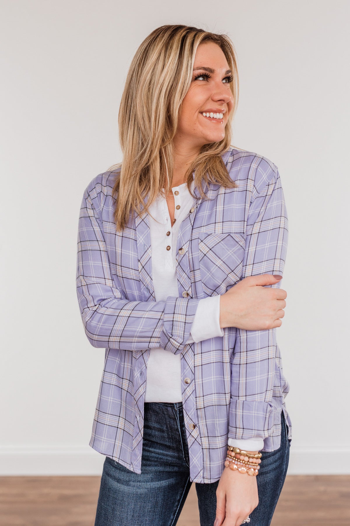 Holding Up My Own Plaid Top- Lavender
