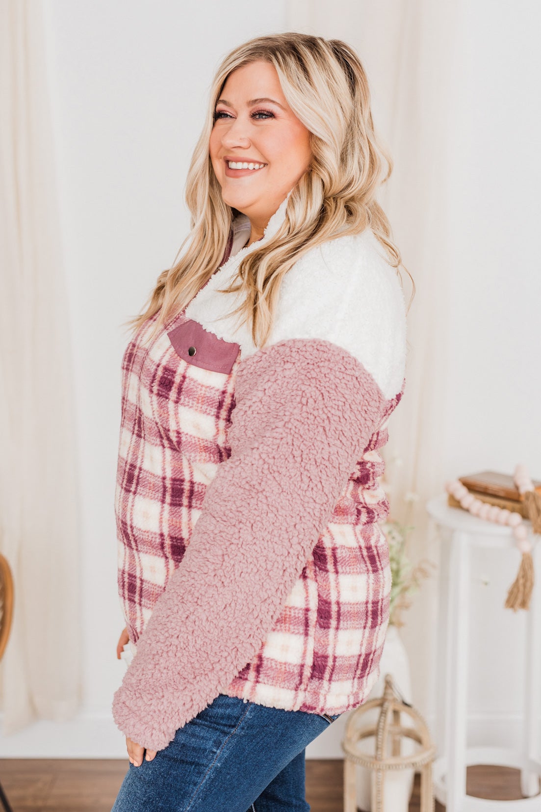 Happy Life Sherpa Pullover- Pink & Ivory