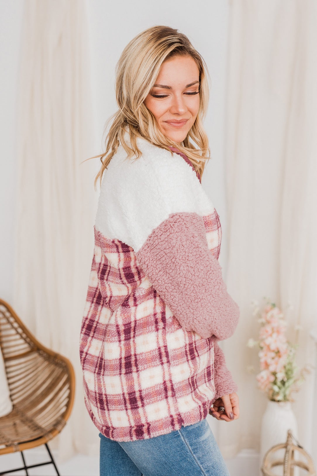 Happy Life Sherpa Pullover- Pink & Ivory