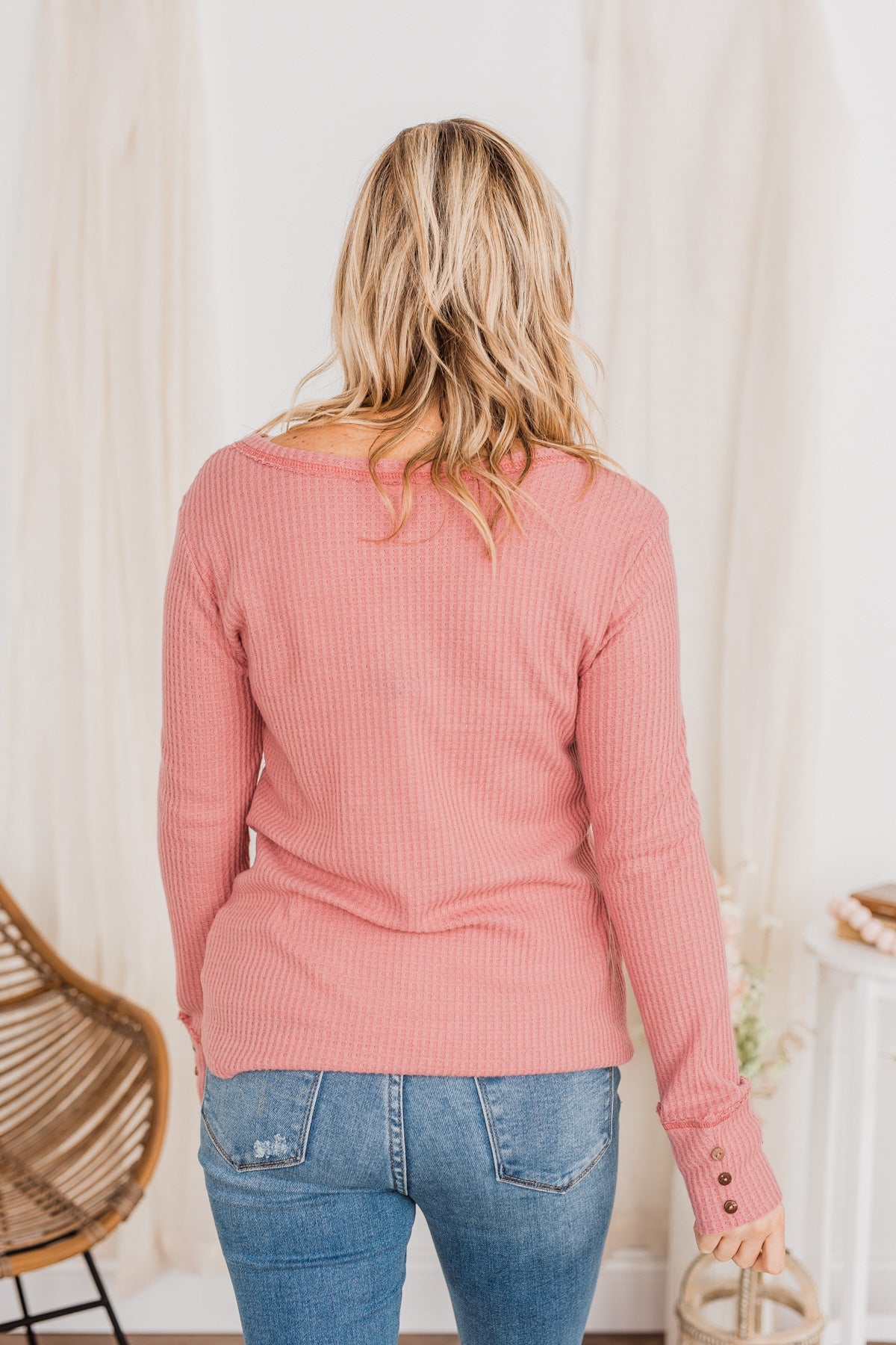Cozy Up Waffle Knit Long Sleeve Top- Pink