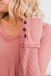 Cozy Up Waffle Knit Long Sleeve Top- Pink