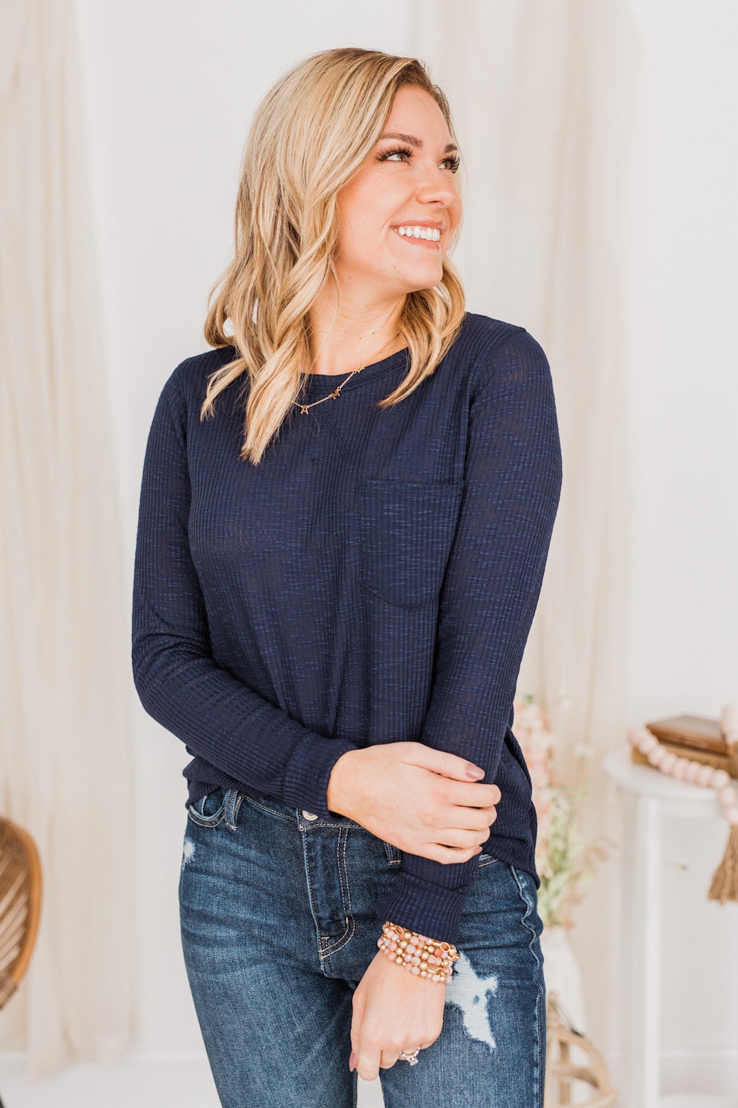 Slowing Things Down Pocket Long Sleeve Top- Navy