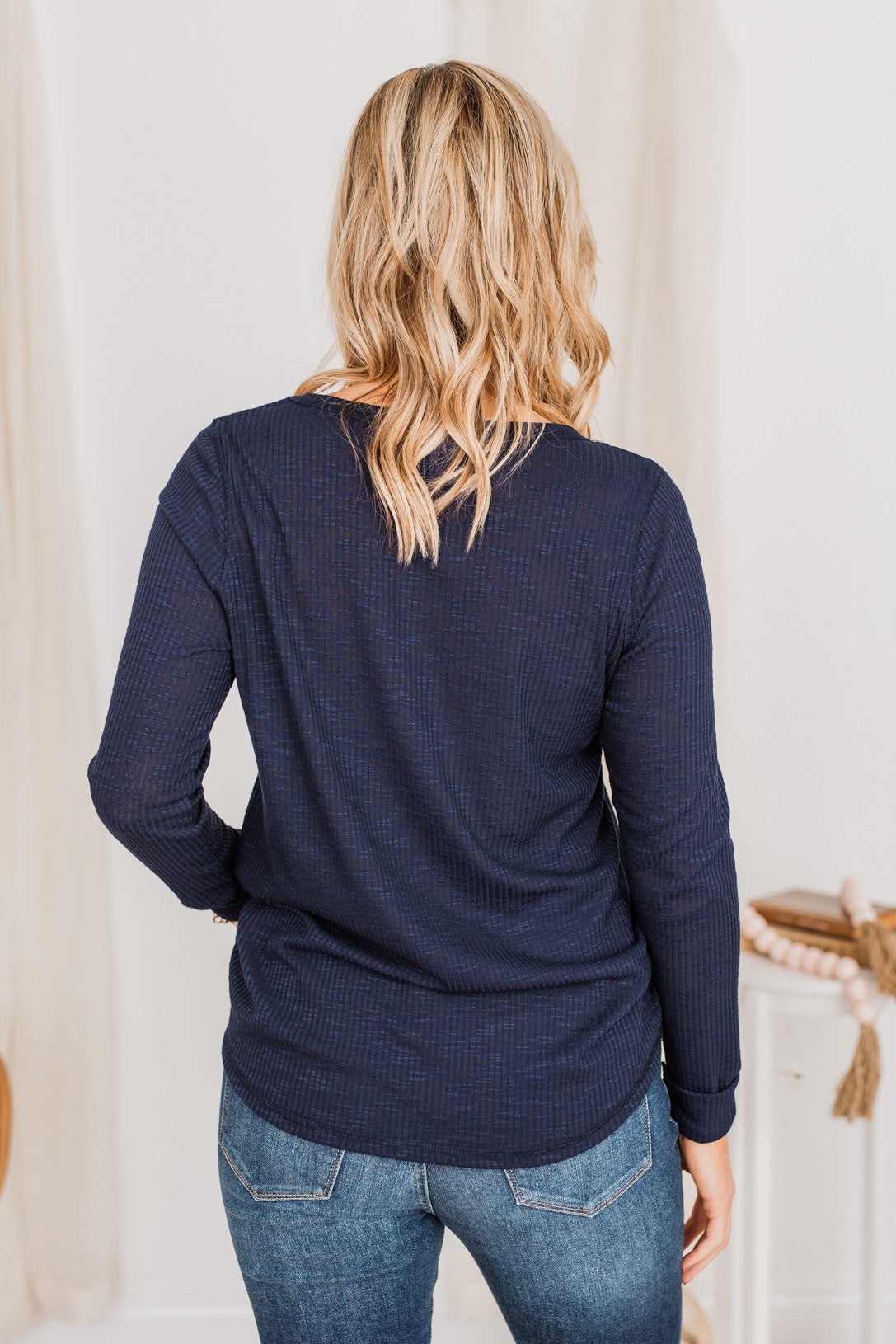 Slowing Things Down Pocket Long Sleeve Top- Navy