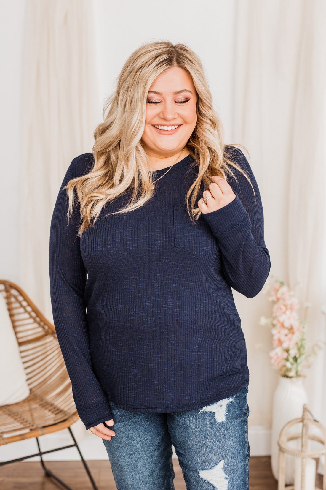 Slowing Things Down Pocket Long Sleeve Top- Navy