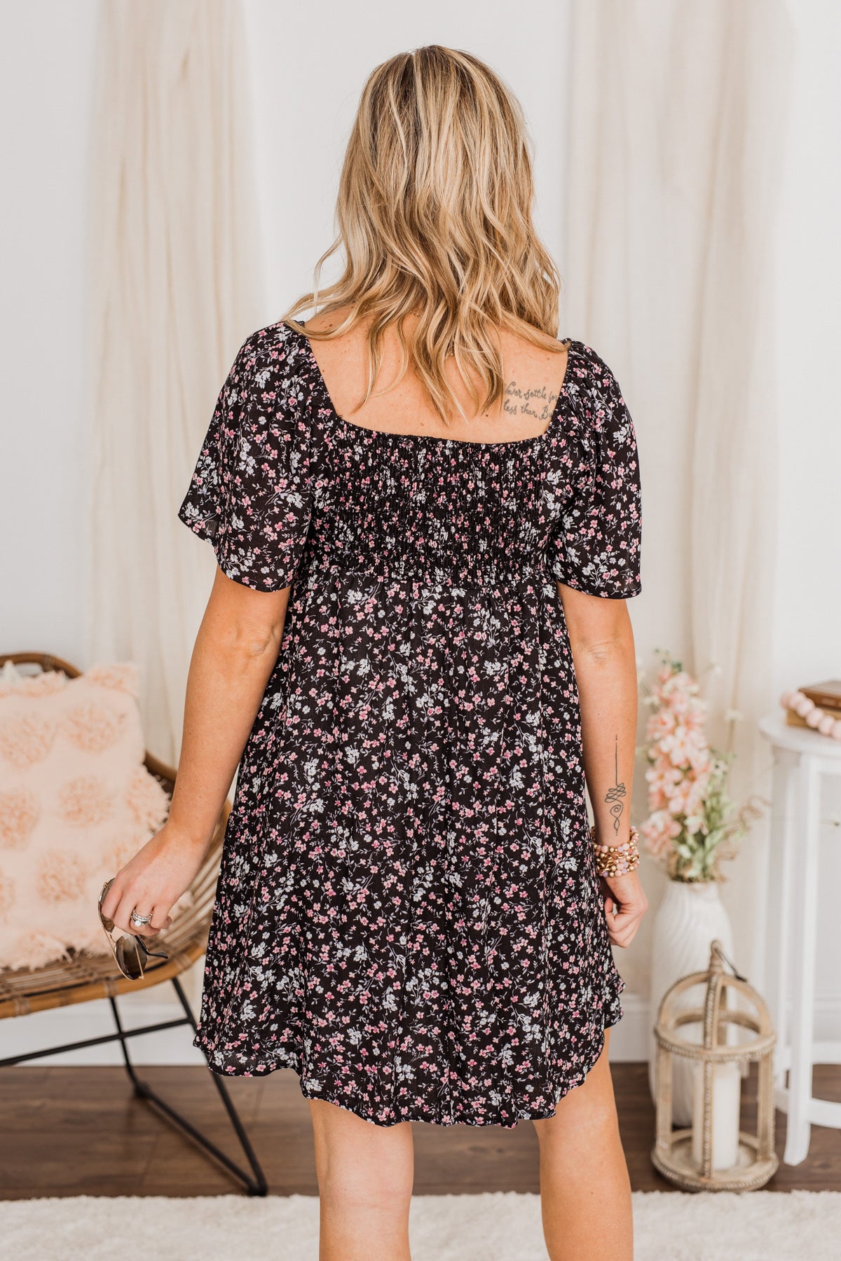Dashing Through The Daisies Floral Dress- Black