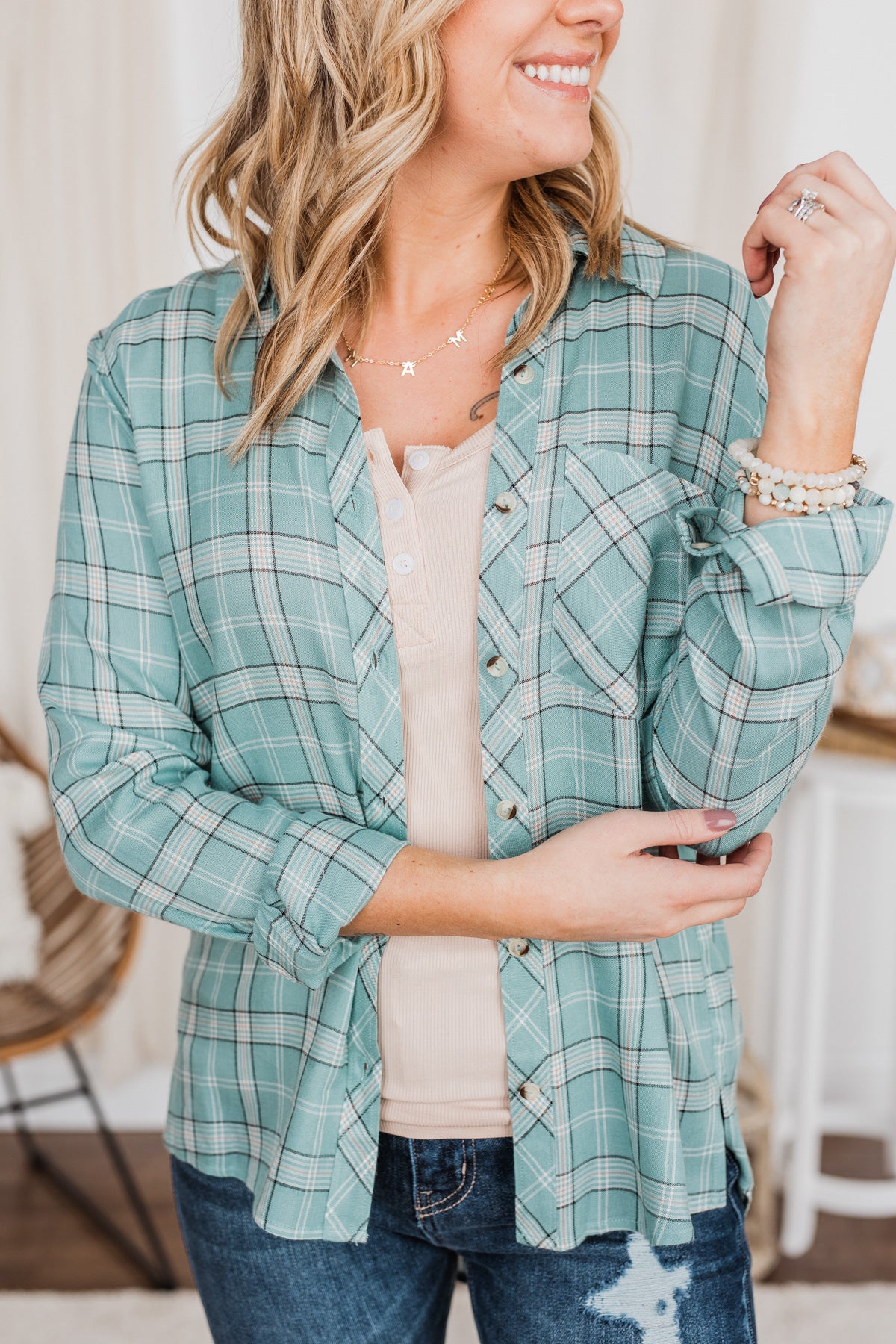 Holding Up My Own Plaid Top- Mint