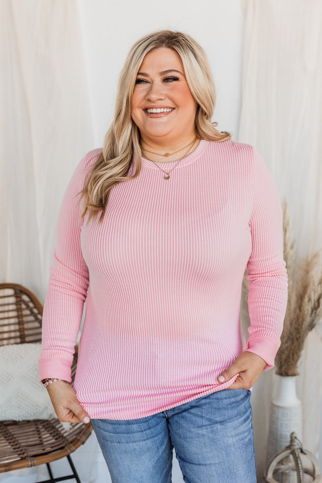 All Is Good Ribbed Long Sleeve Top- Pink