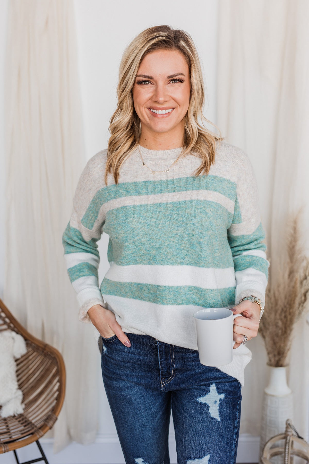 Showering Affections Striped Sweater- Ivory & Teal