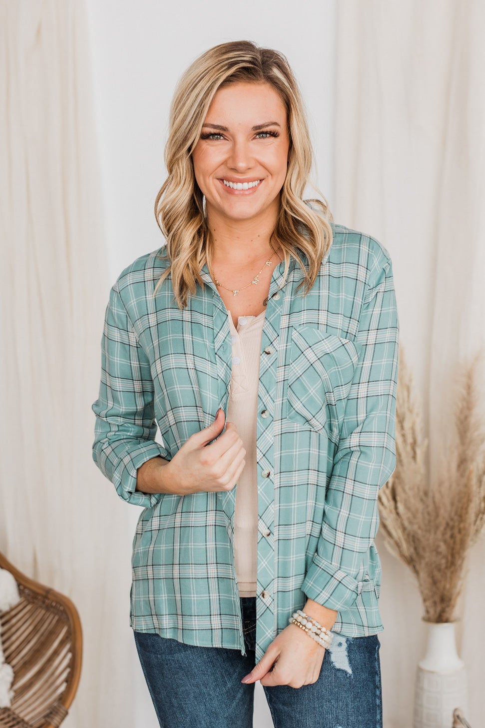 Holding Up My Own Plaid Top- Mint