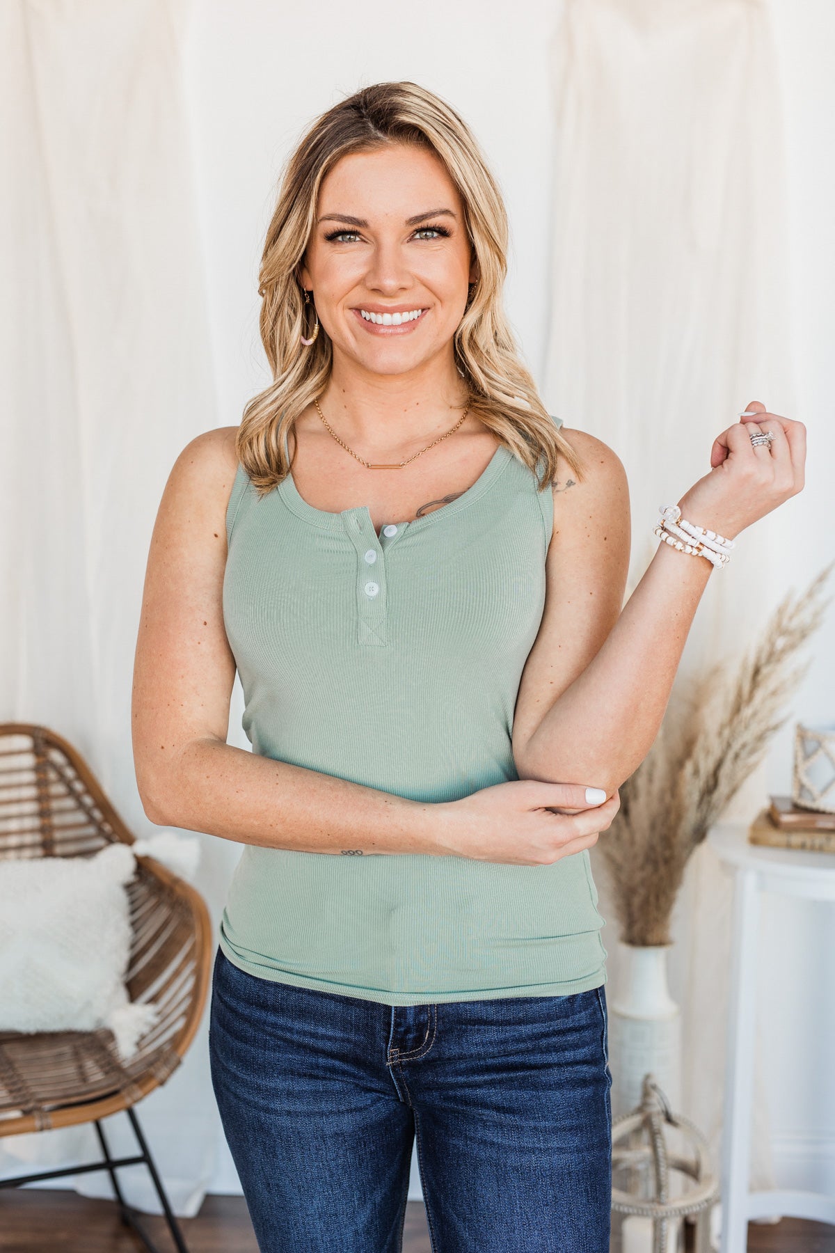 Uplifting Spirits Button Henley Tank Top- Sage