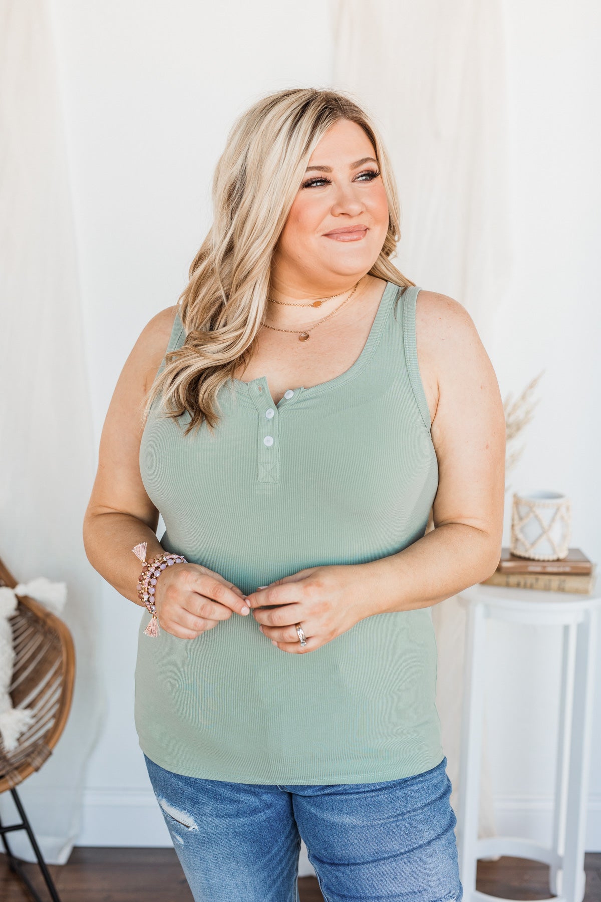 Uplifting Spirits Button Henley Tank Top- Sage