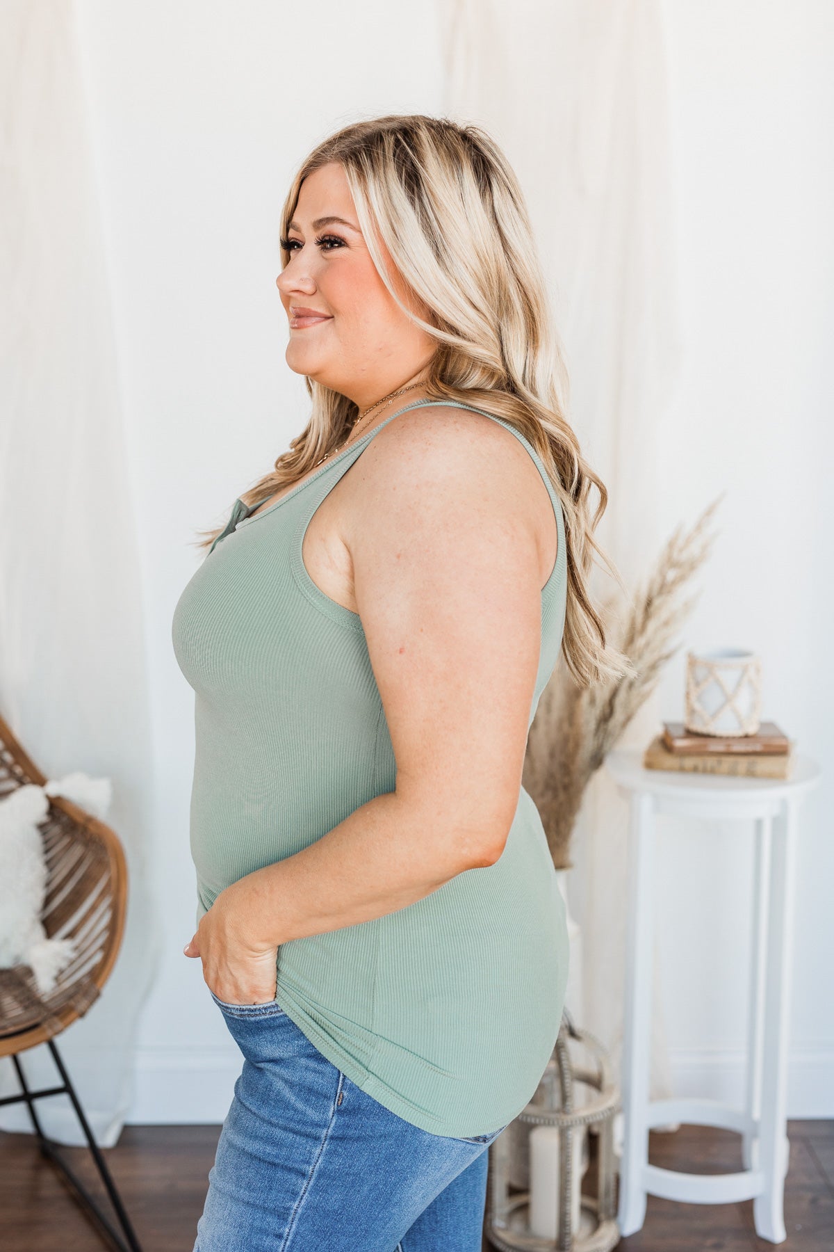 Uplifting Spirits Button Henley Tank Top- Sage