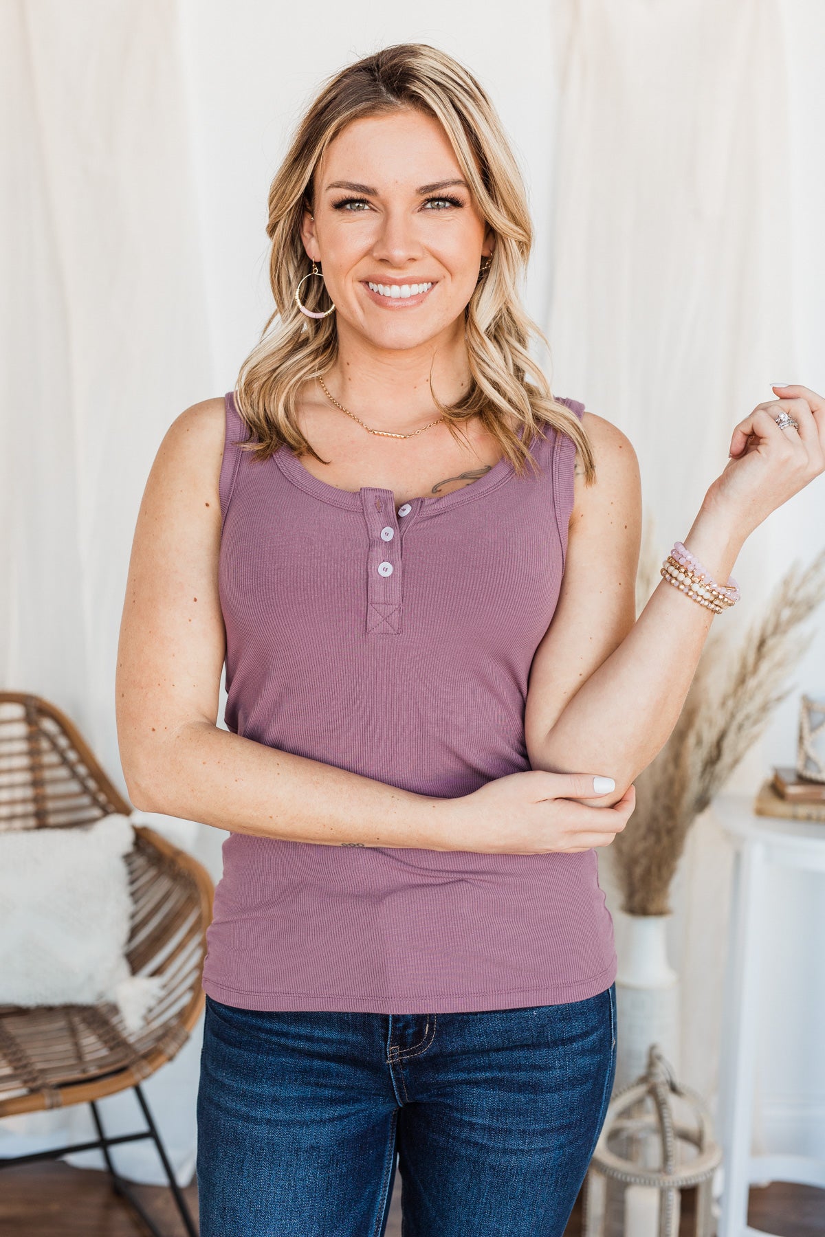 Uplifting Spirits Button Henley Tank Top- Grape