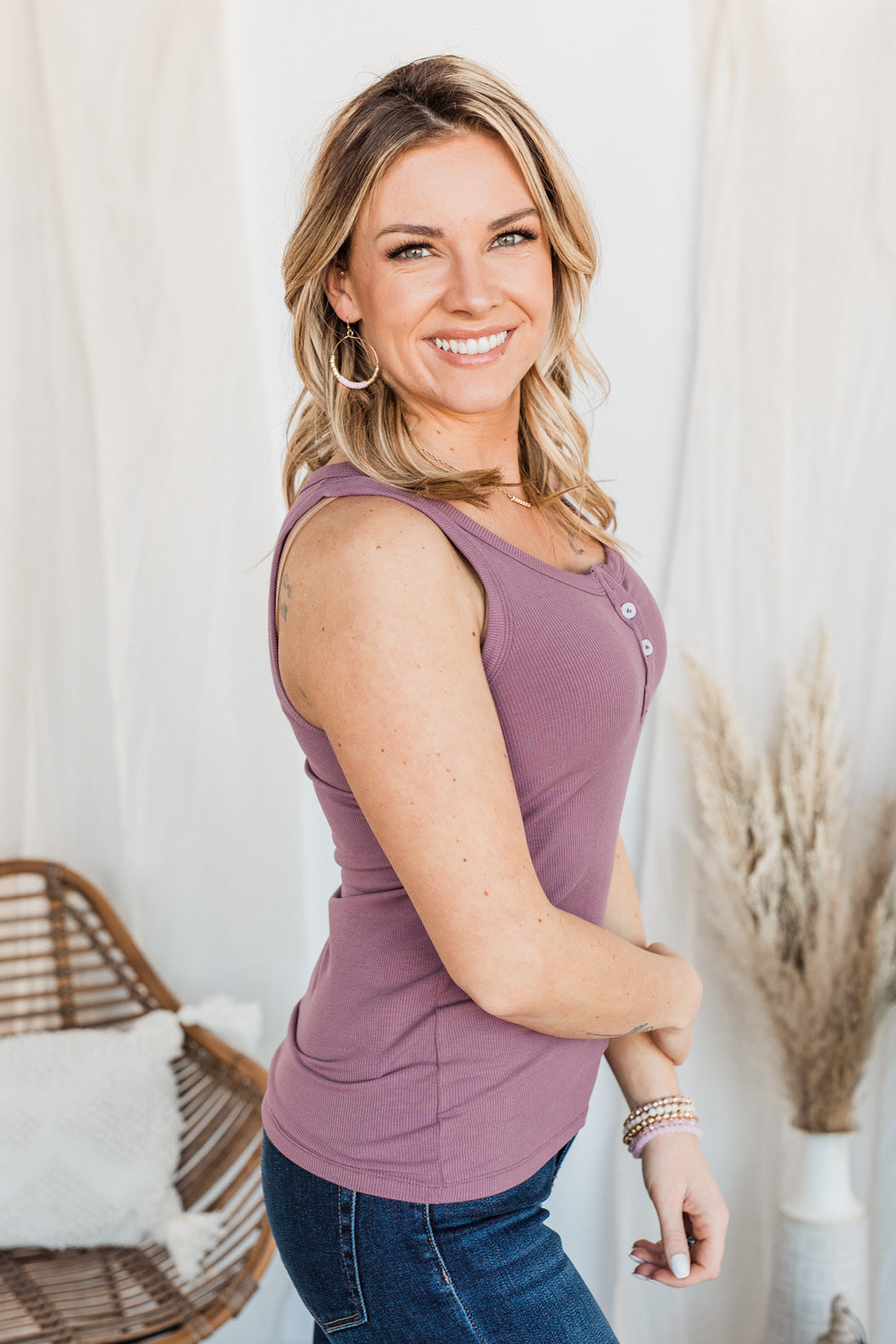 Uplifting Spirits Button Henley Tank Top- Grape