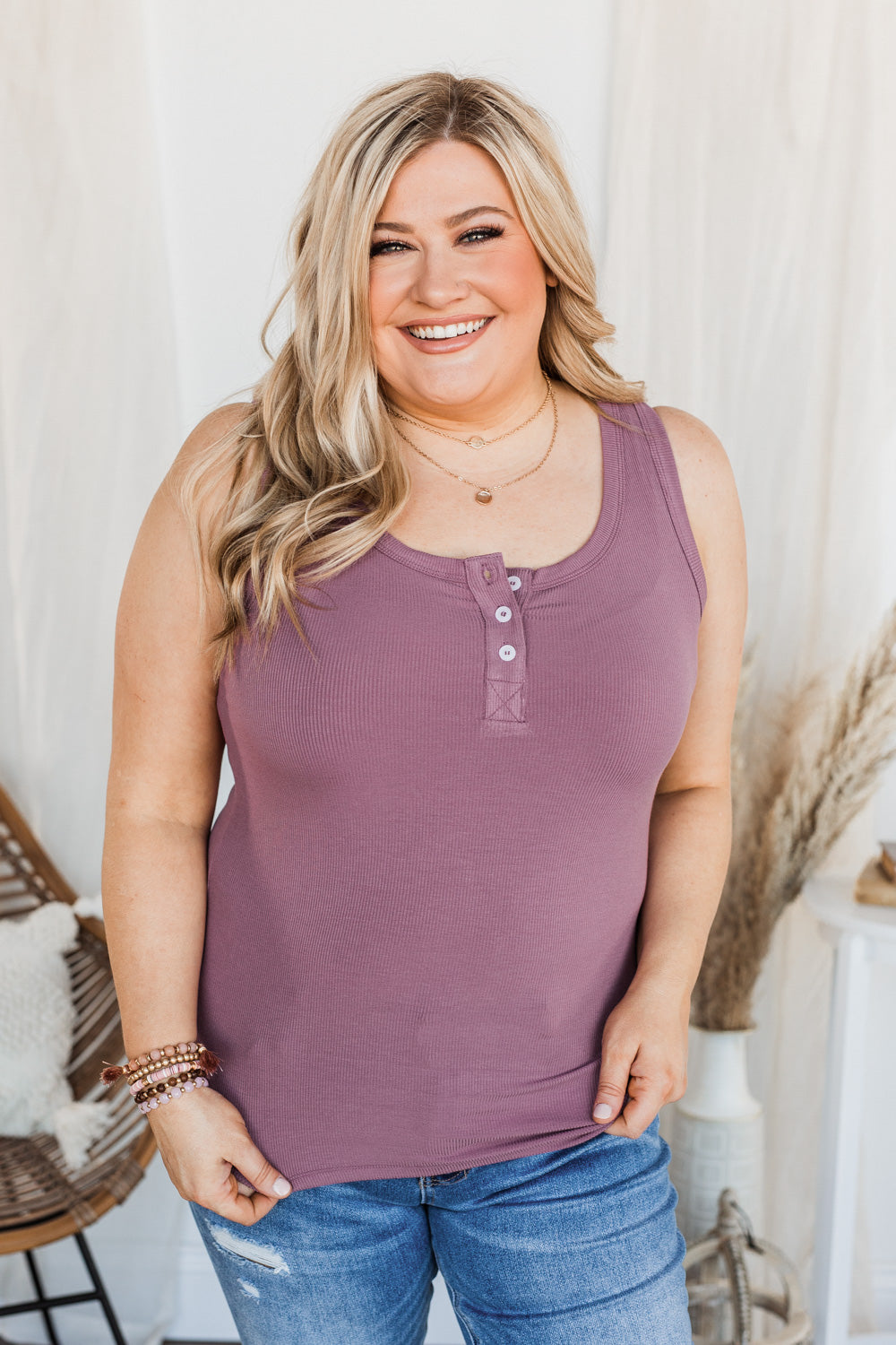 Uplifting Spirits Button Henley Tank Top- Grape