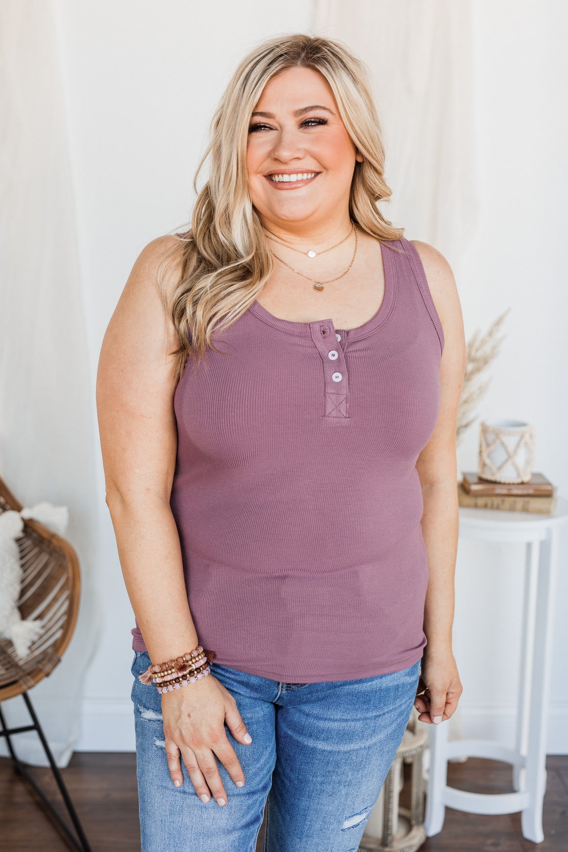 Uplifting Spirits Button Henley Tank Top- Grape