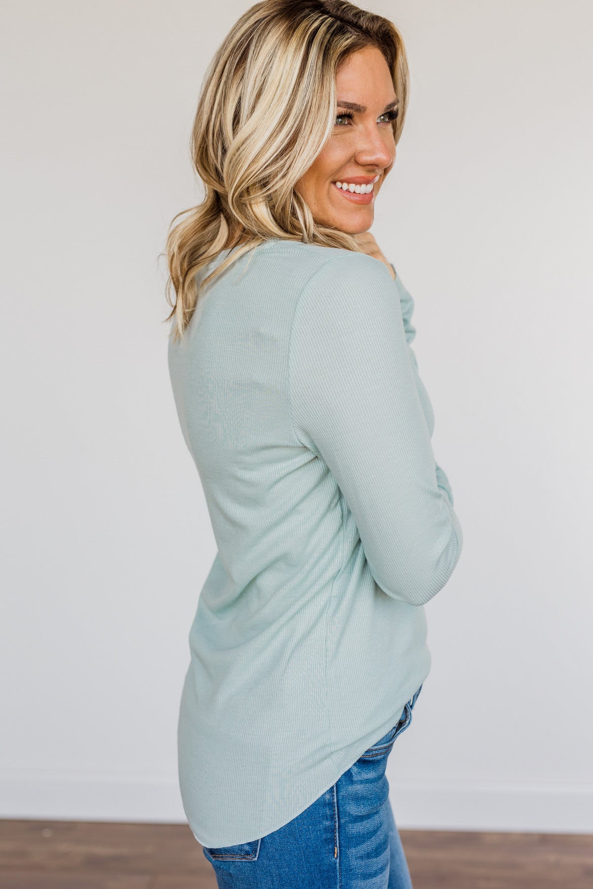 Rise To The Top Long Sleeve Henley Top- Light Mint