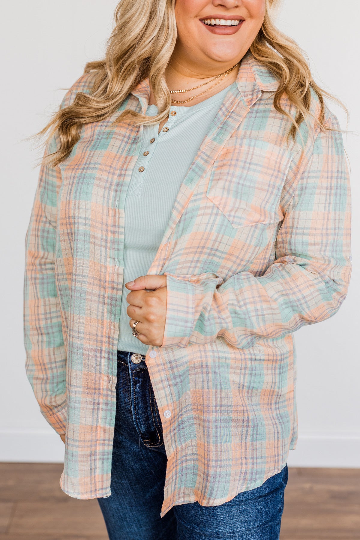 Tell Me Anything Button Down Plaid Top- Coral & Teal