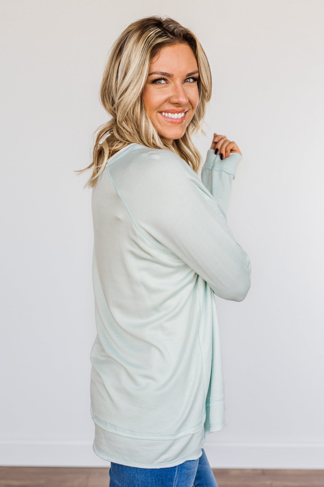 Wake Up The Day Long Sleeve Top- Light Mint
