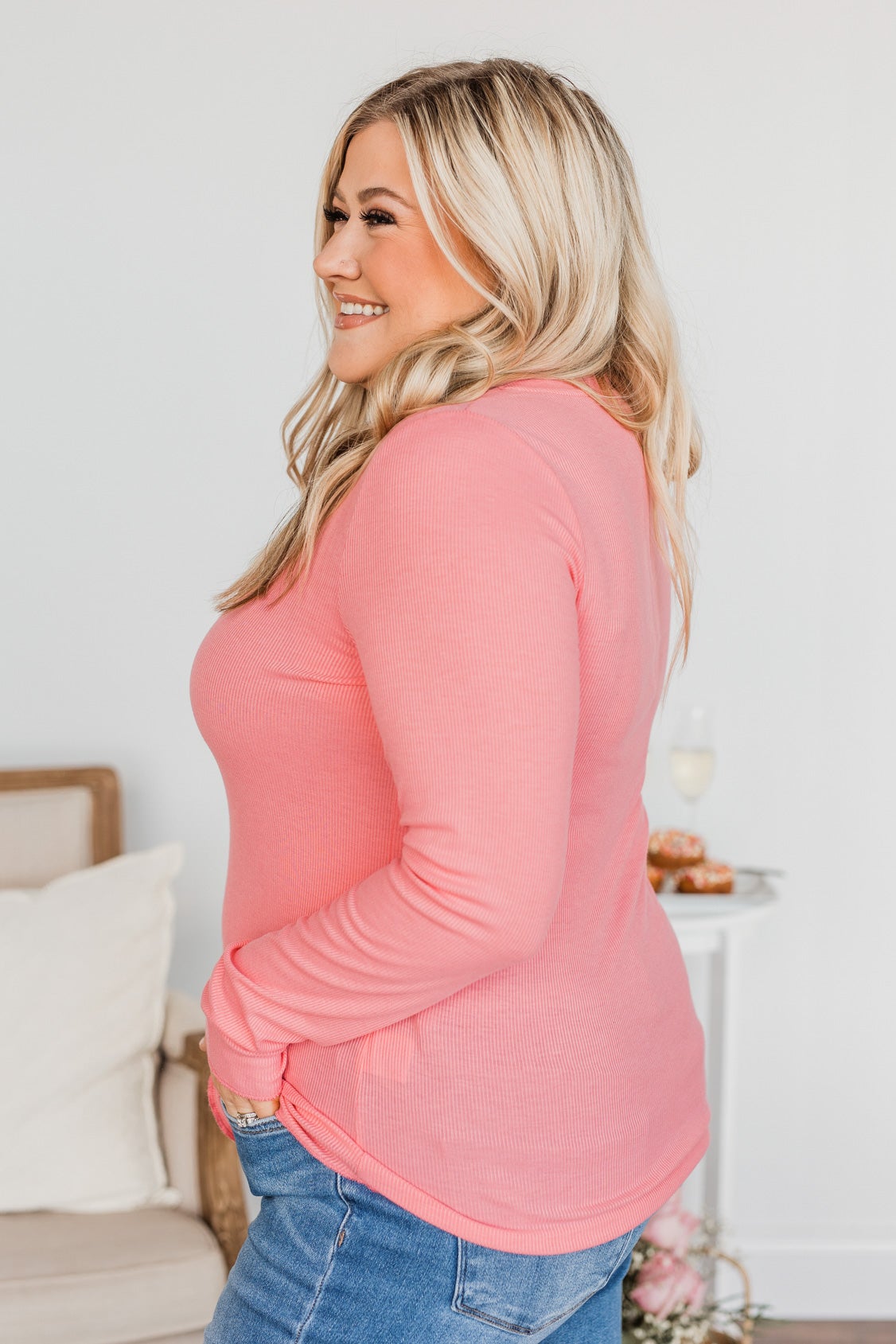 Rise To The Top Long Sleeve Henley Top- Bubblegum Pink