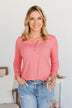Rise To The Top Long Sleeve Henley Top- Bubblegum Pink