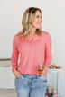 Rise To The Top Long Sleeve Henley Top- Bubblegum Pink