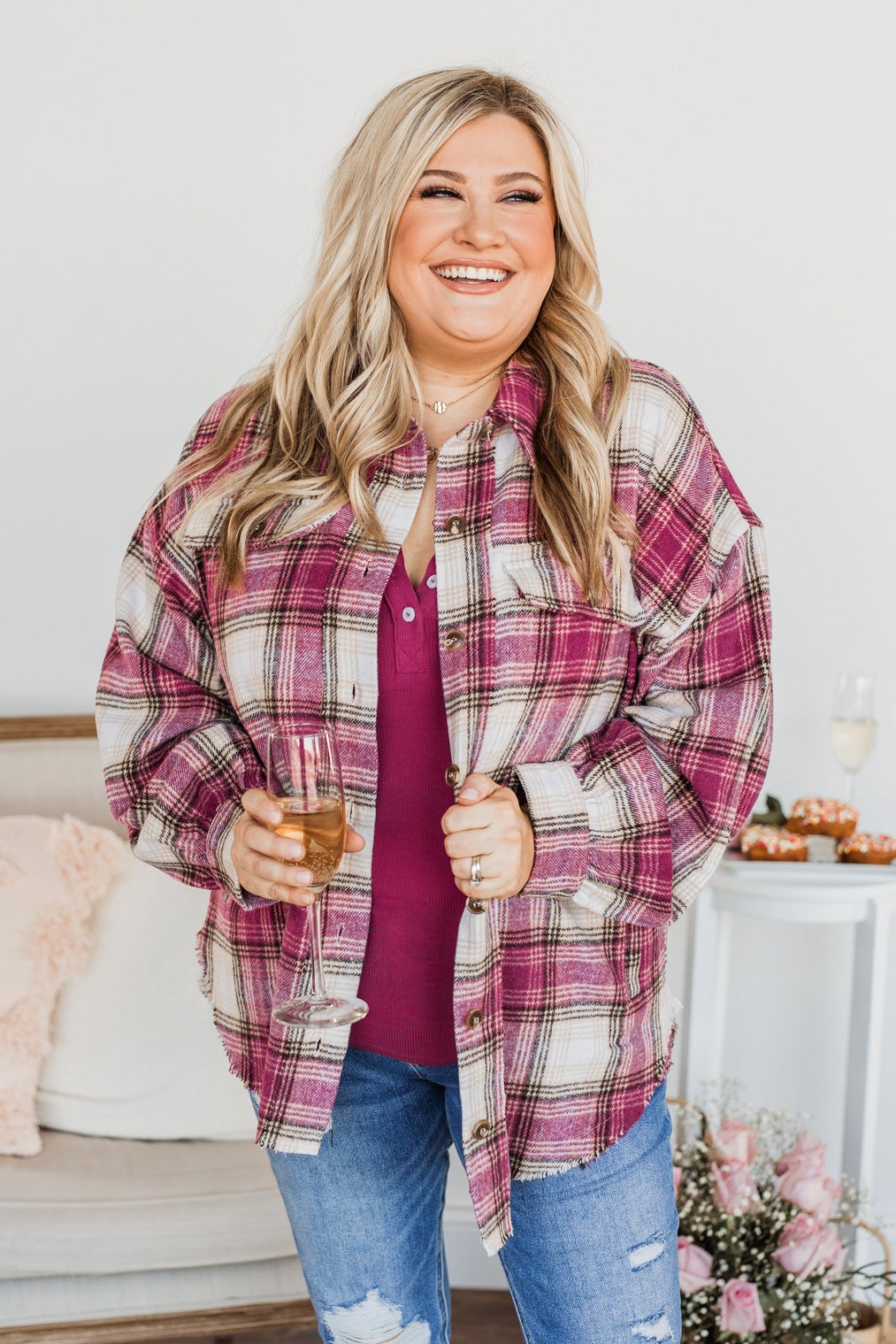 My Hearts Racing Flannel Top- Magenta & Taupe
