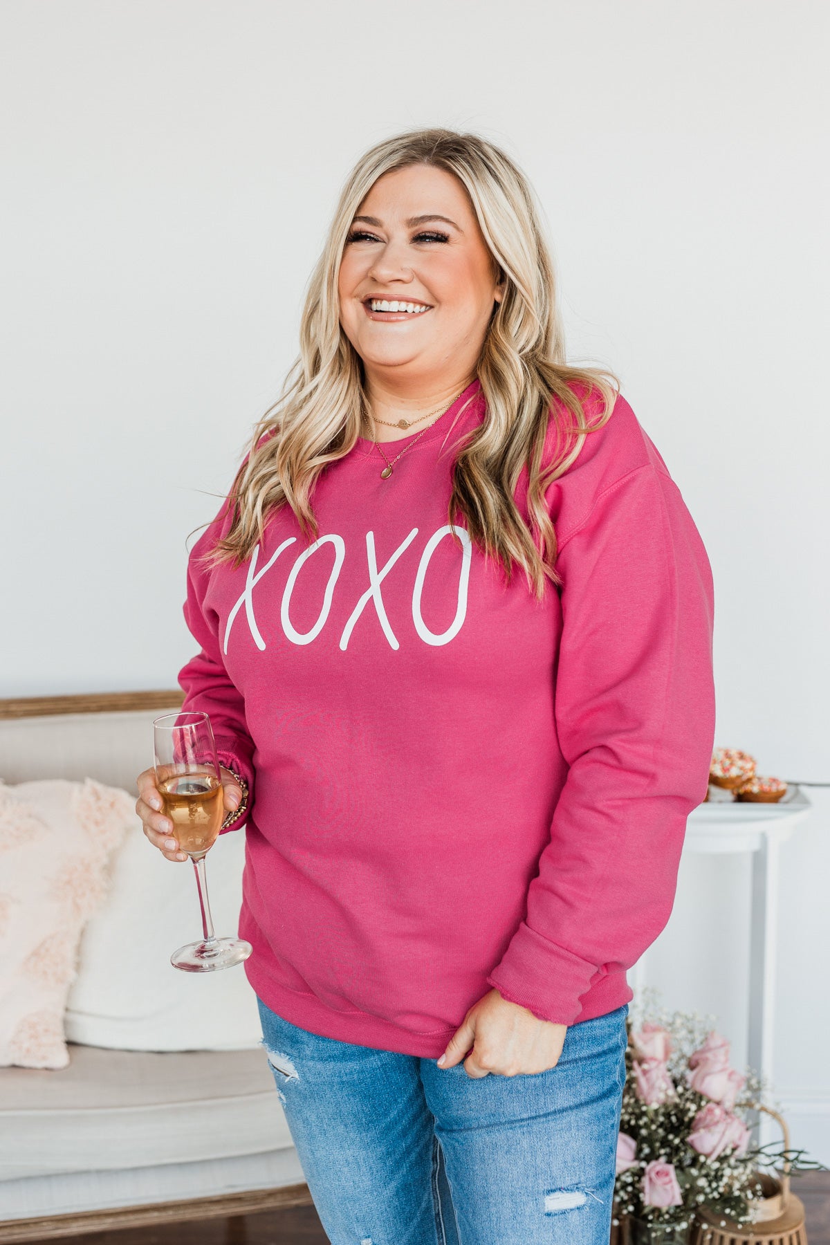 Hugs & Kisses "XOXO" Graphic Pullover- Hot Pink