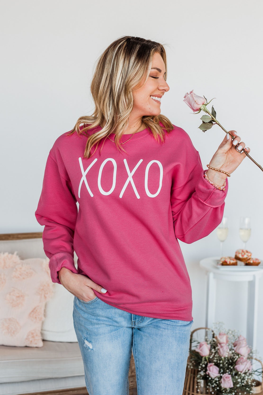 Hugs & Kisses "XOXO" Graphic Pullover- Hot Pink