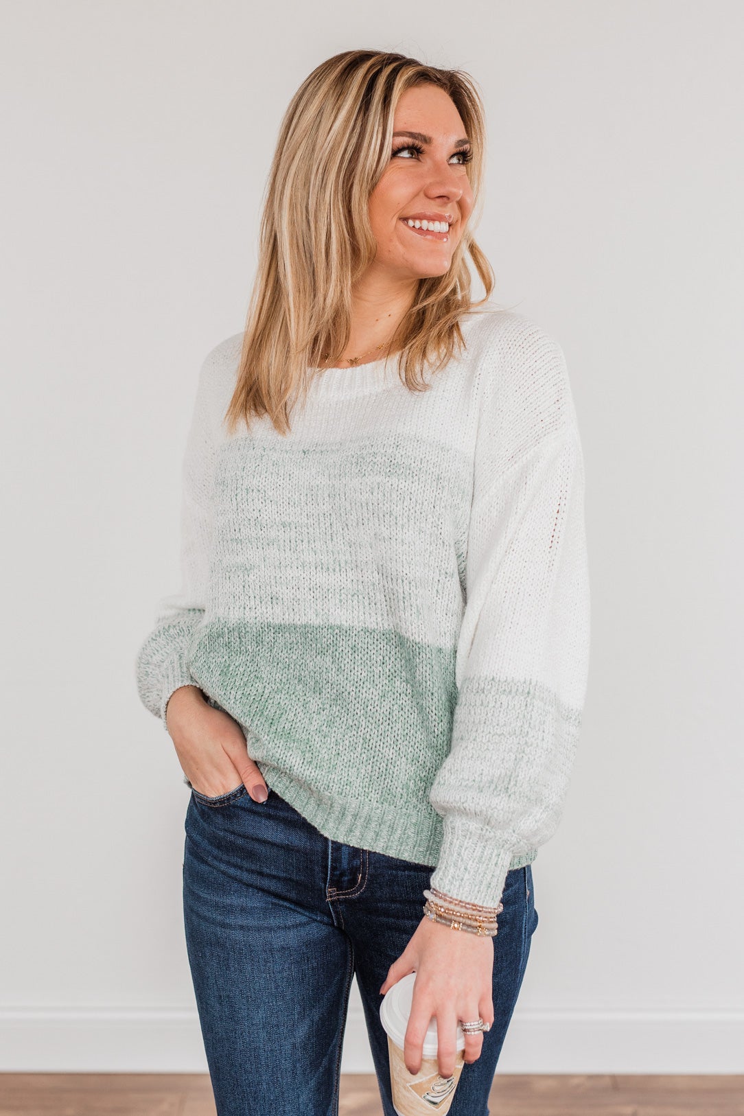 Warm Hugs Knit Color Block Sweater- Light Sage