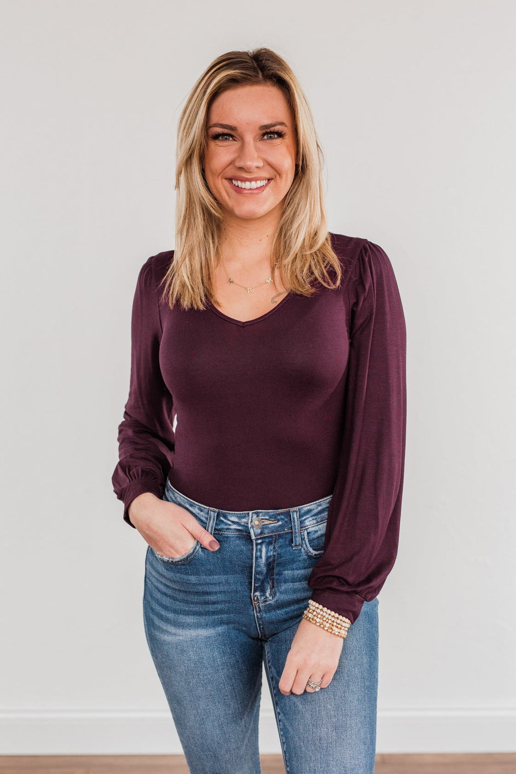 Enchanting Looks Long Sleeve Bodysuit- Dark Plum