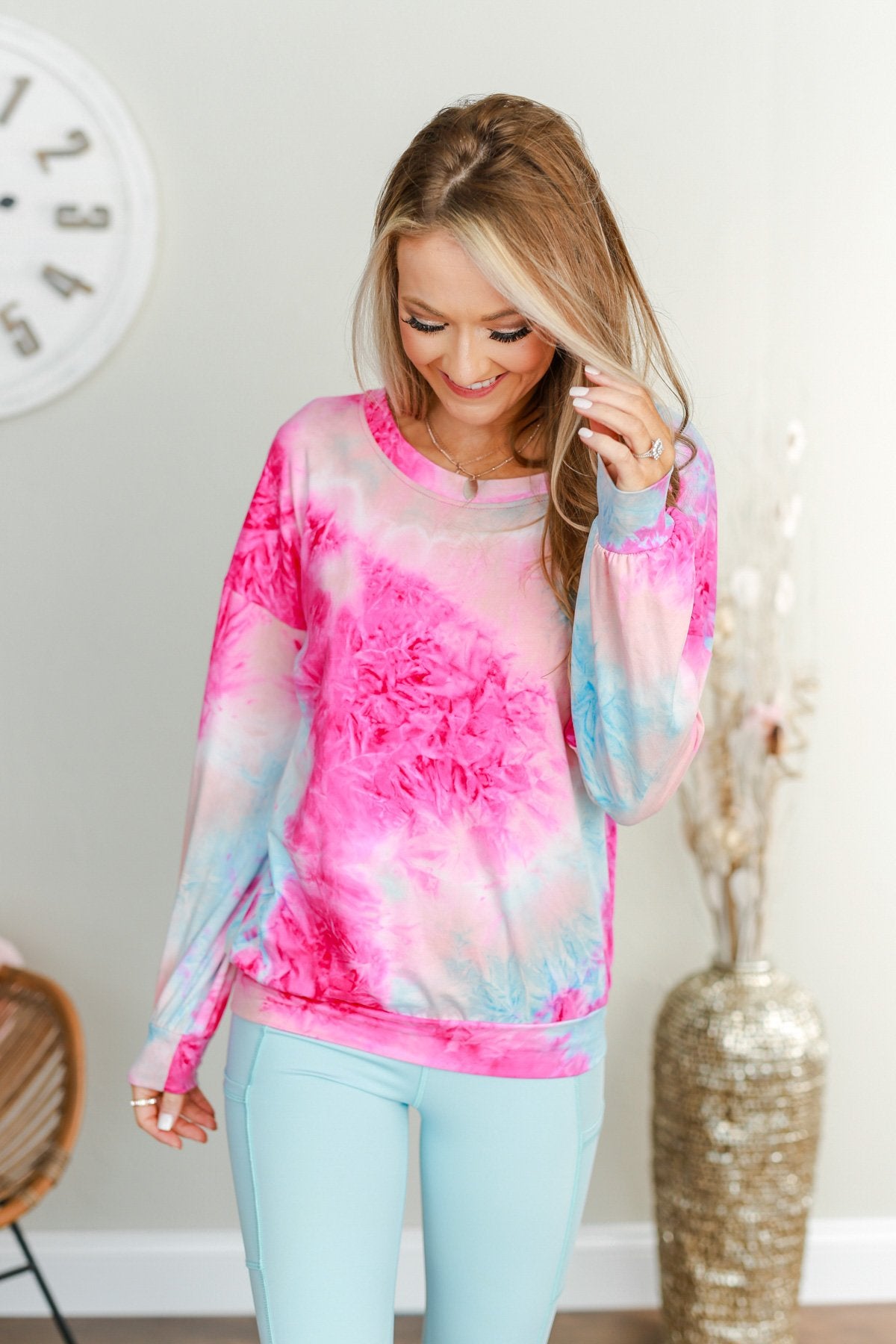Nice To Notice Long Sleeve Top- Fuchsia, Peach, Sky Blue