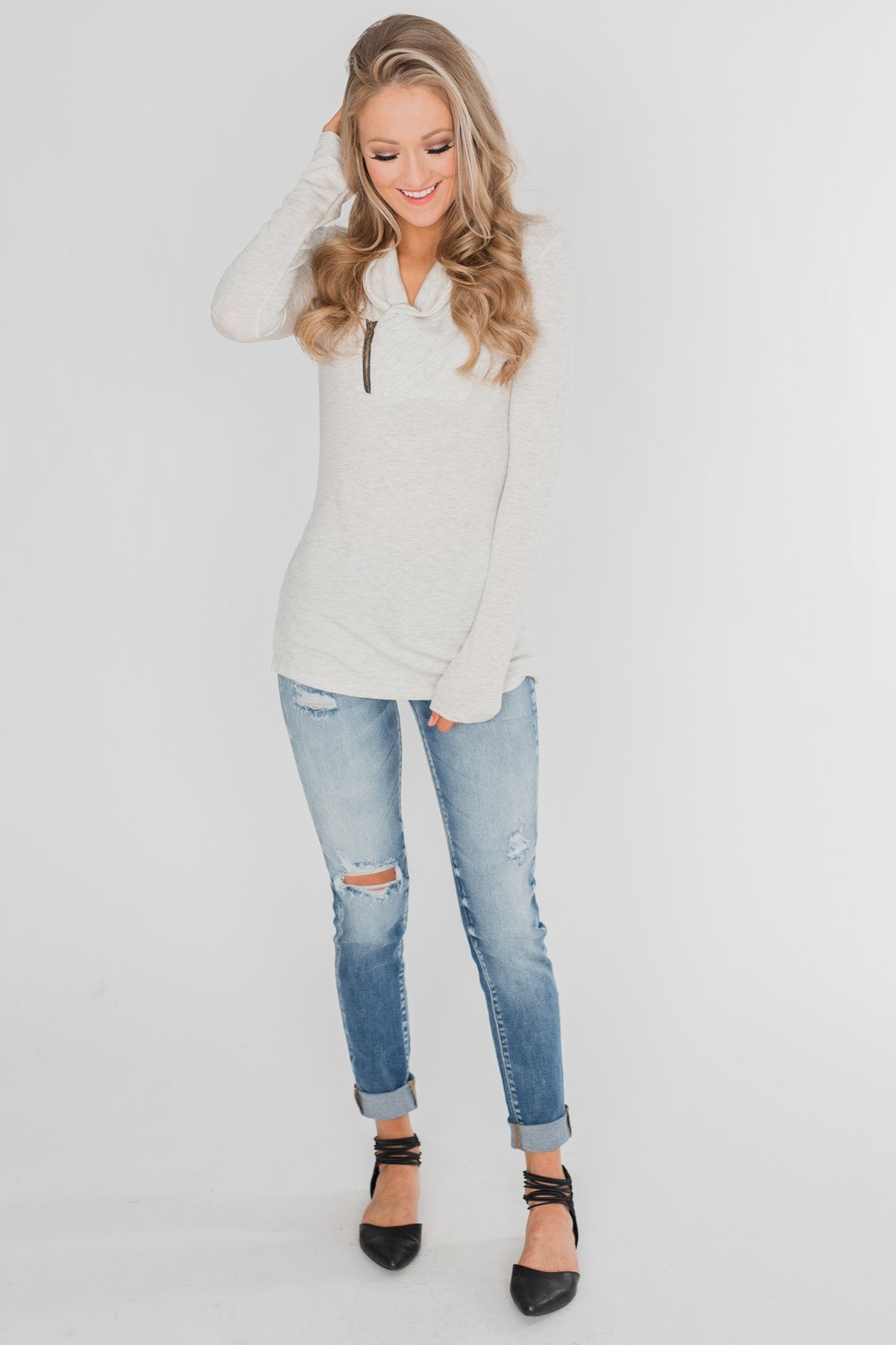 Give Me Time Zipper Pullover Top - Cream