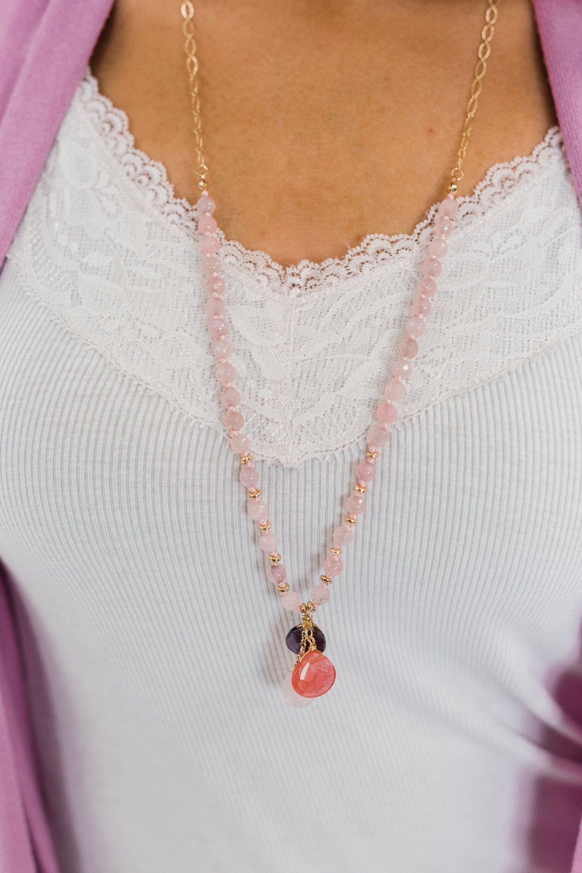 Long Beaded Crystal Necklace- Gold & Pink