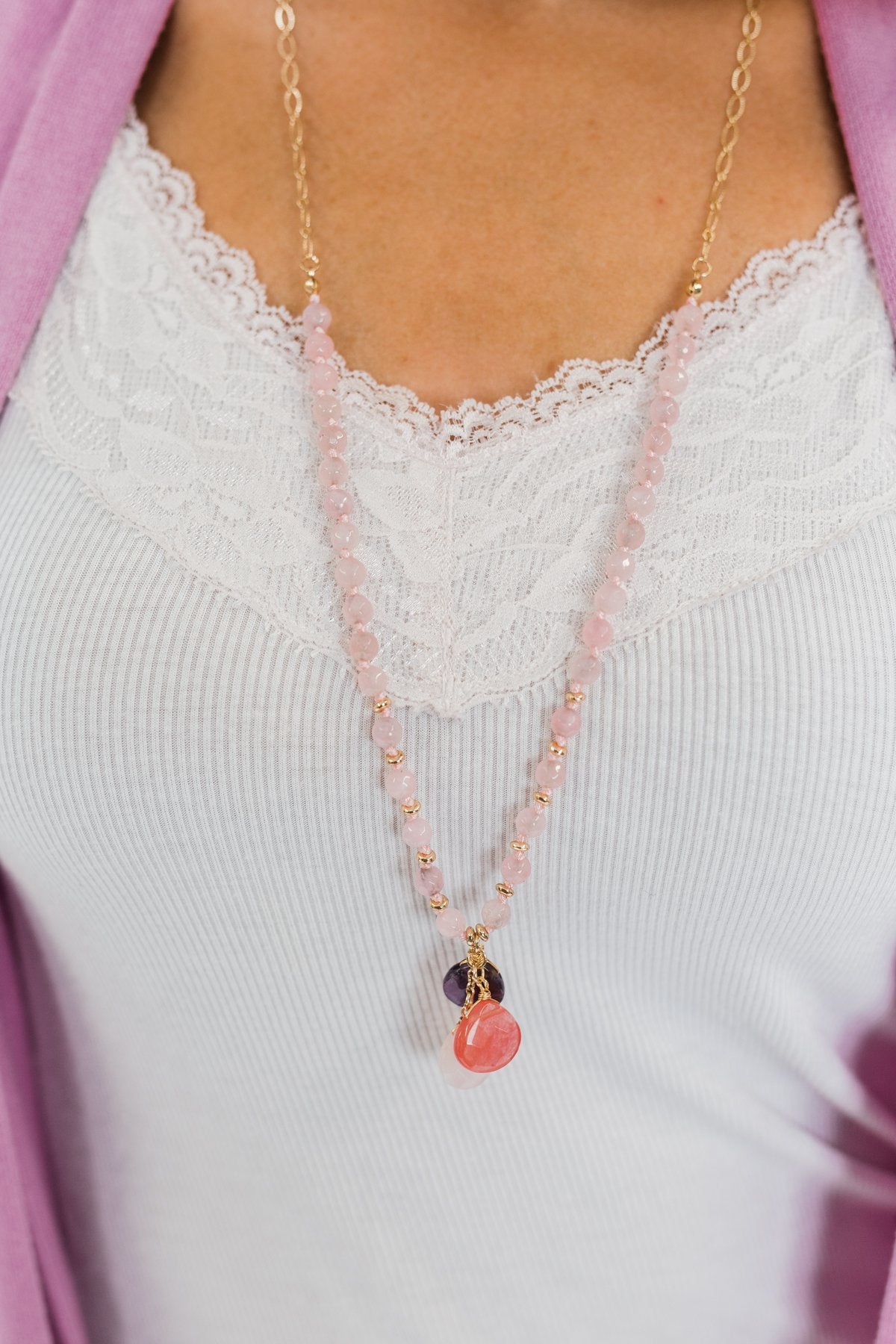 Long Beaded Crystal Necklace- Gold & Pink