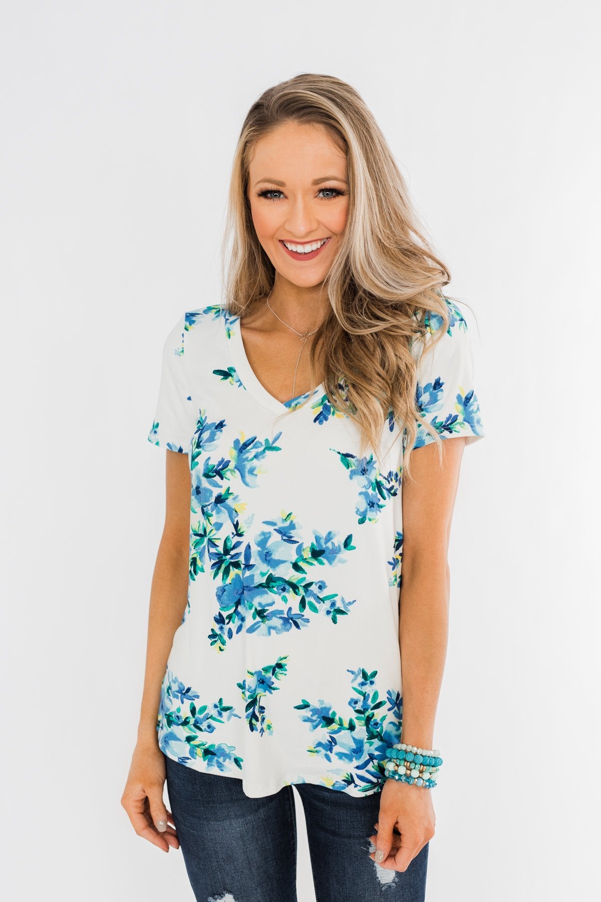 Floral Essence V-Neck Top- Ivory & Blue